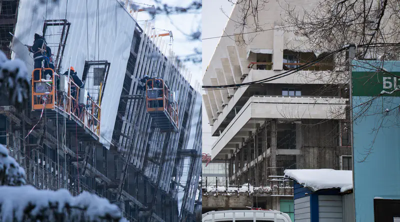 ТЮЗ имени Сац. Коллаж: снимок слева от 19 января 2026 года, справа — от 26 февраля 2026 года.