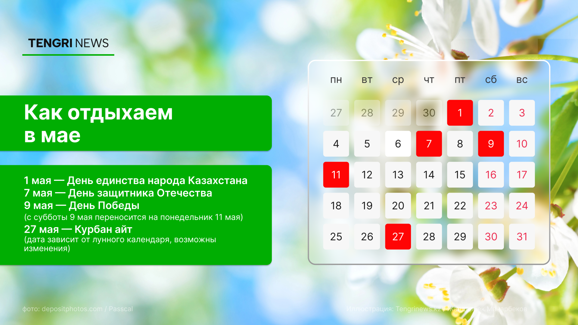 График выходных и рабочих дней в мае 2026 года в Казахстане: праздничные дни - 1, 7, 9 и 27 мая